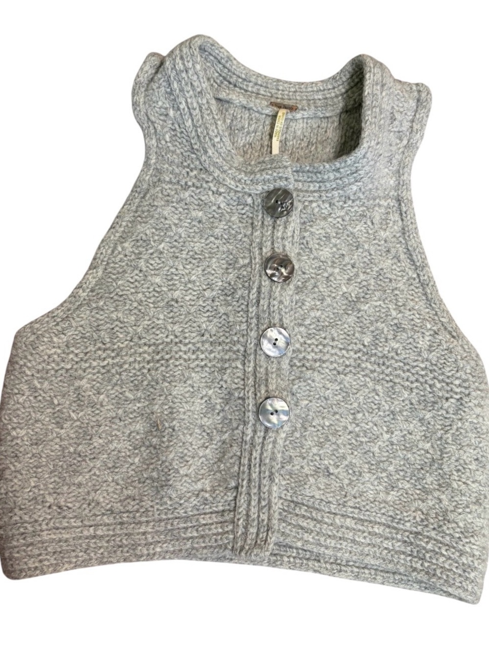 Free People Button Front Sleeveless Crochet Sweater Women's Sz M heathered grey